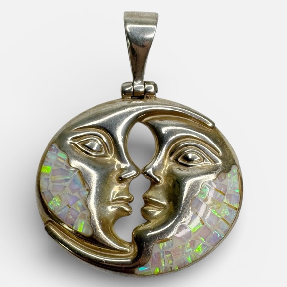 Vintage Jewelry - 950 Sterling Silver Moon Pendant Opal Inlay Celestial Bohemian Goddess Whimsical